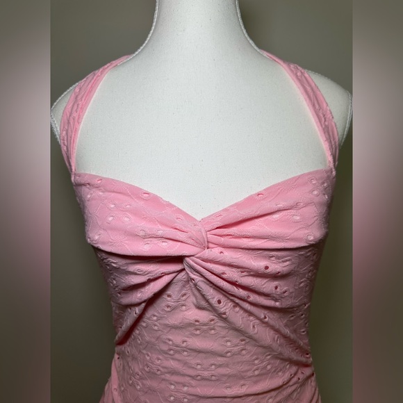 Pink halter dressneck tie twist detail babydoll asymmetrical hem spring summer S - Picture 3 of 7